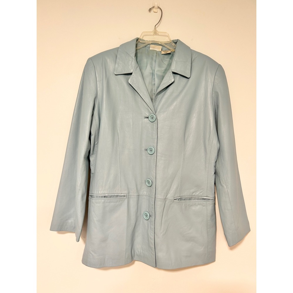 Newport‎ News Womens Light Blue Leather Blazer Jacket Size 12 Vintage L1536